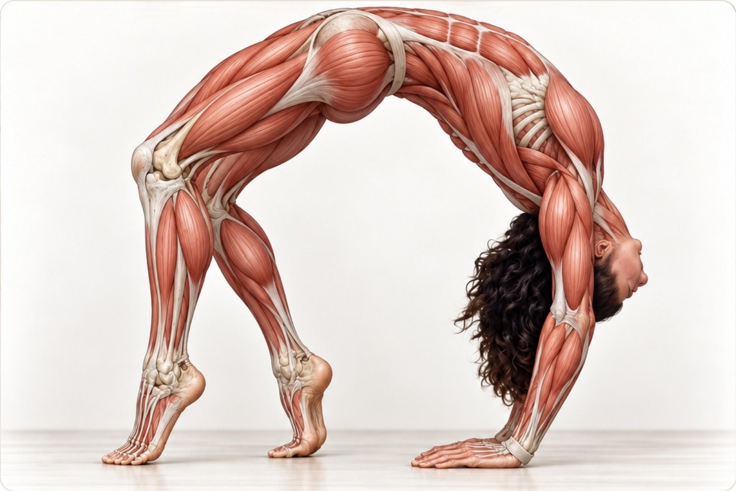 Vue globale du backbend avec repères de la colonne, des épaules, de la cage thoracique et des hanches.