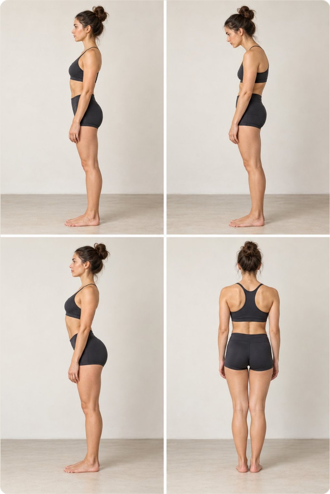 Planche complémentaire — En haut : posture naturelle et thorax plus arrondi. En bas : lordose lombaire plus marquée et vue arrière. Photographies illustratives : la posture seule ne permet pas de poser un diagnostic.