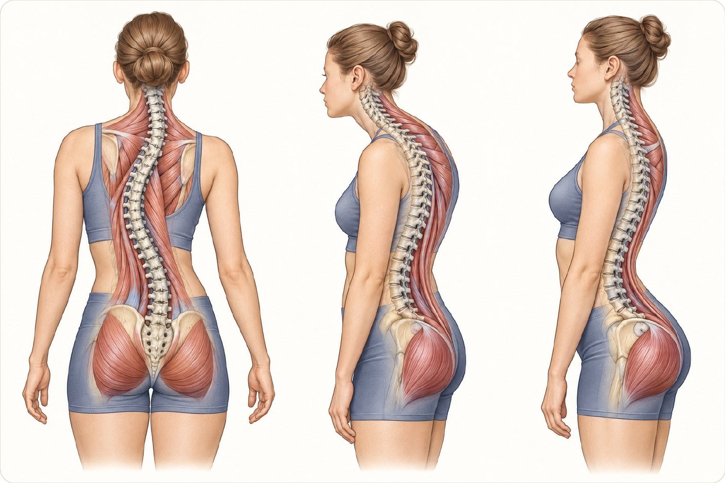 Planche anatomique — Vue de dos : muscles postérieurs et asymétrie. Vues de profil : régions thoracique et lombaire. Représentation illustrative ; les muscles profonds ne sont pas tous visibles.