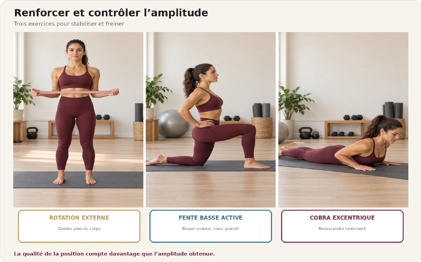 Planche 15 — Trois exercices pour renforcer, stabiliser et freiner le mouvement.