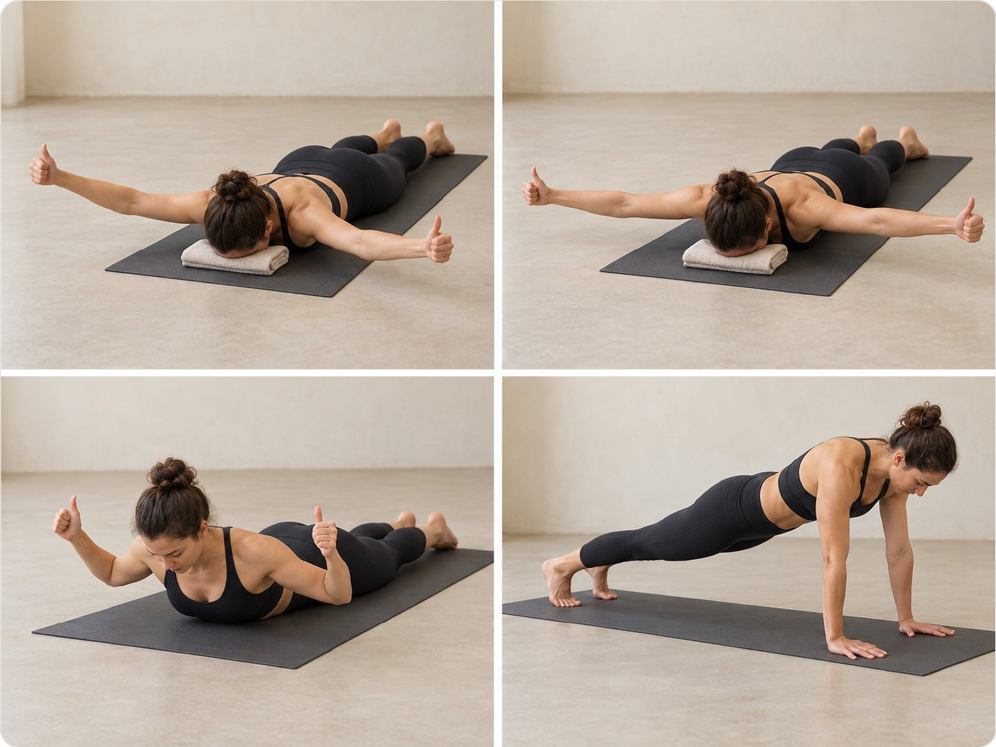 Planche — Y allongé · T allongé · Extension dorsale en W · Planche haute avec protraction